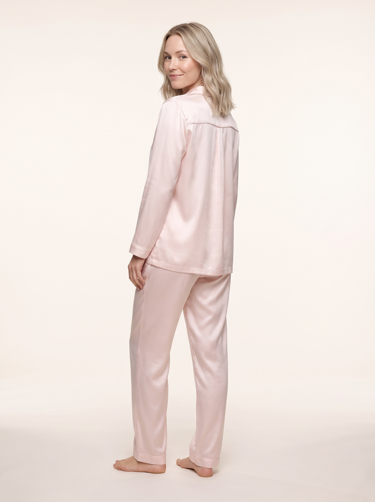 Soflora Long Silk PJ Set in Blush - back view