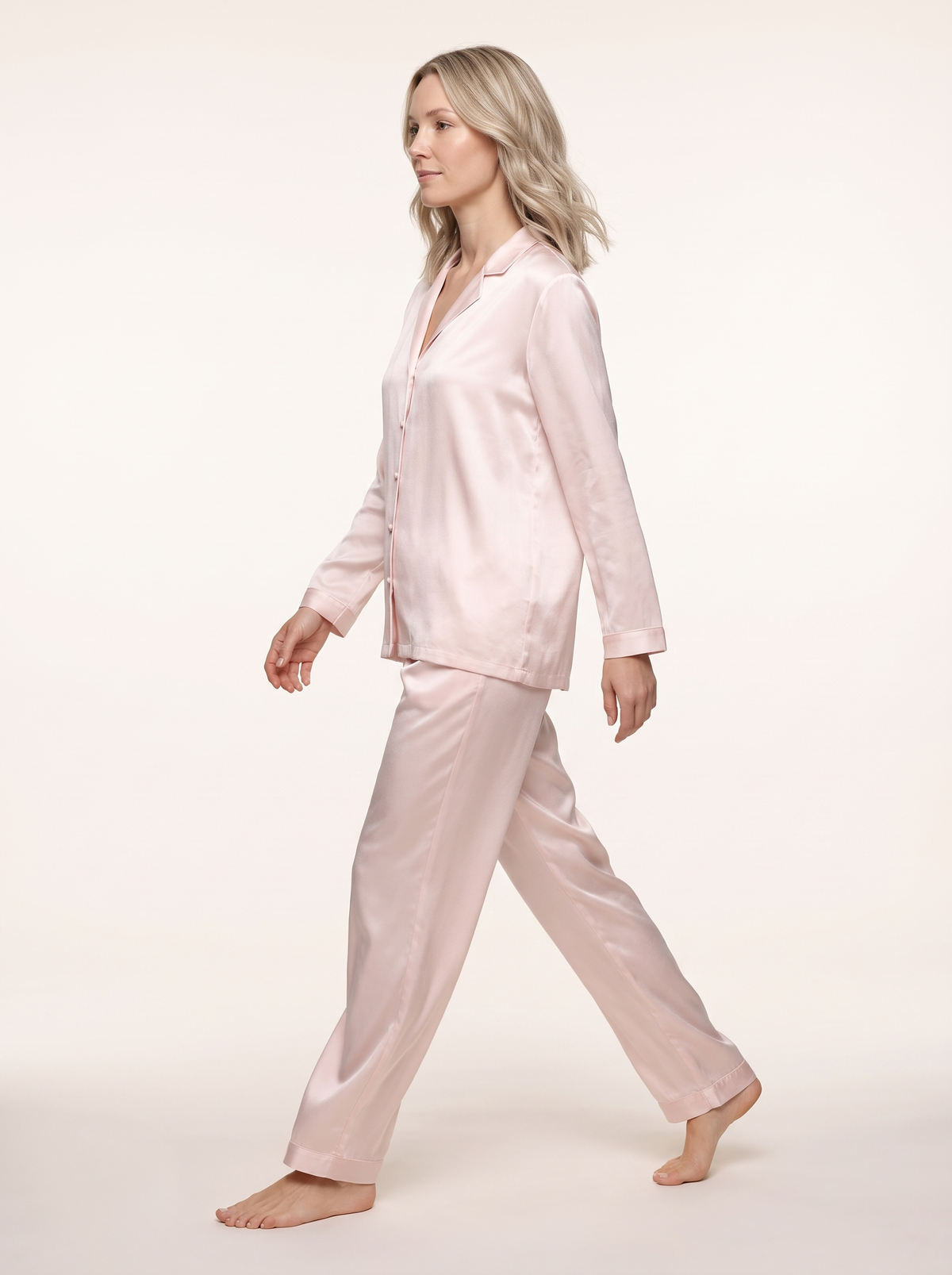 Soflora Long Silk PJ Set in Blush - walking side view