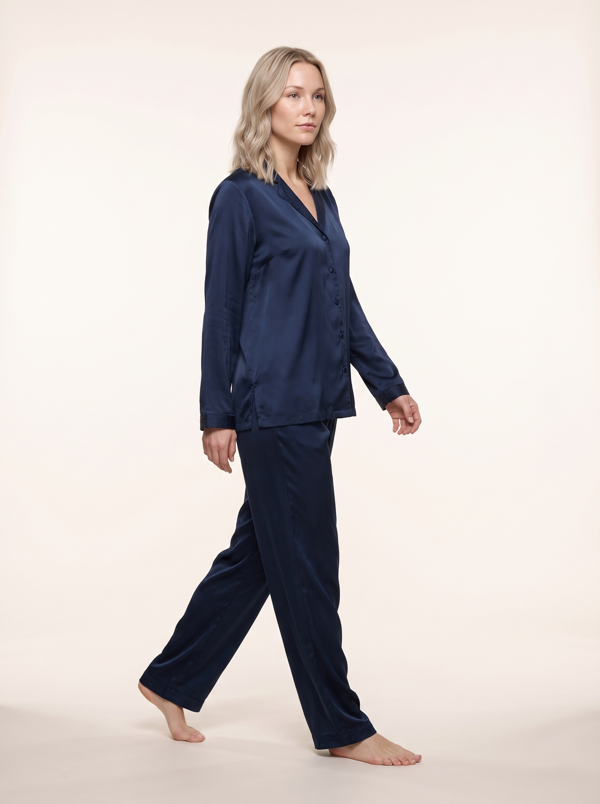 Soflora Long Silk PJ Set in Midnight - walking side view
