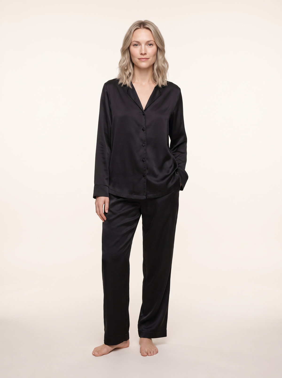Soflora Long Silk PJ Set in Noir - front view