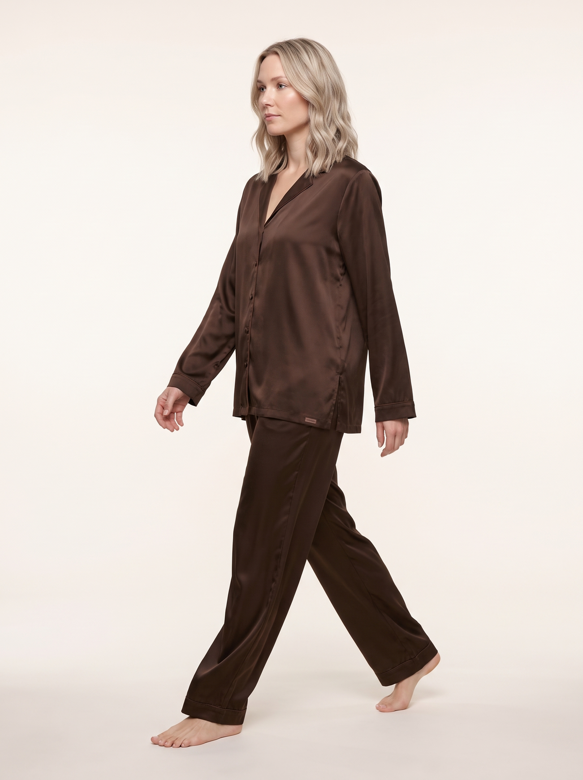 Soflora Long Silk PJ Set in Cacao - walking side view
