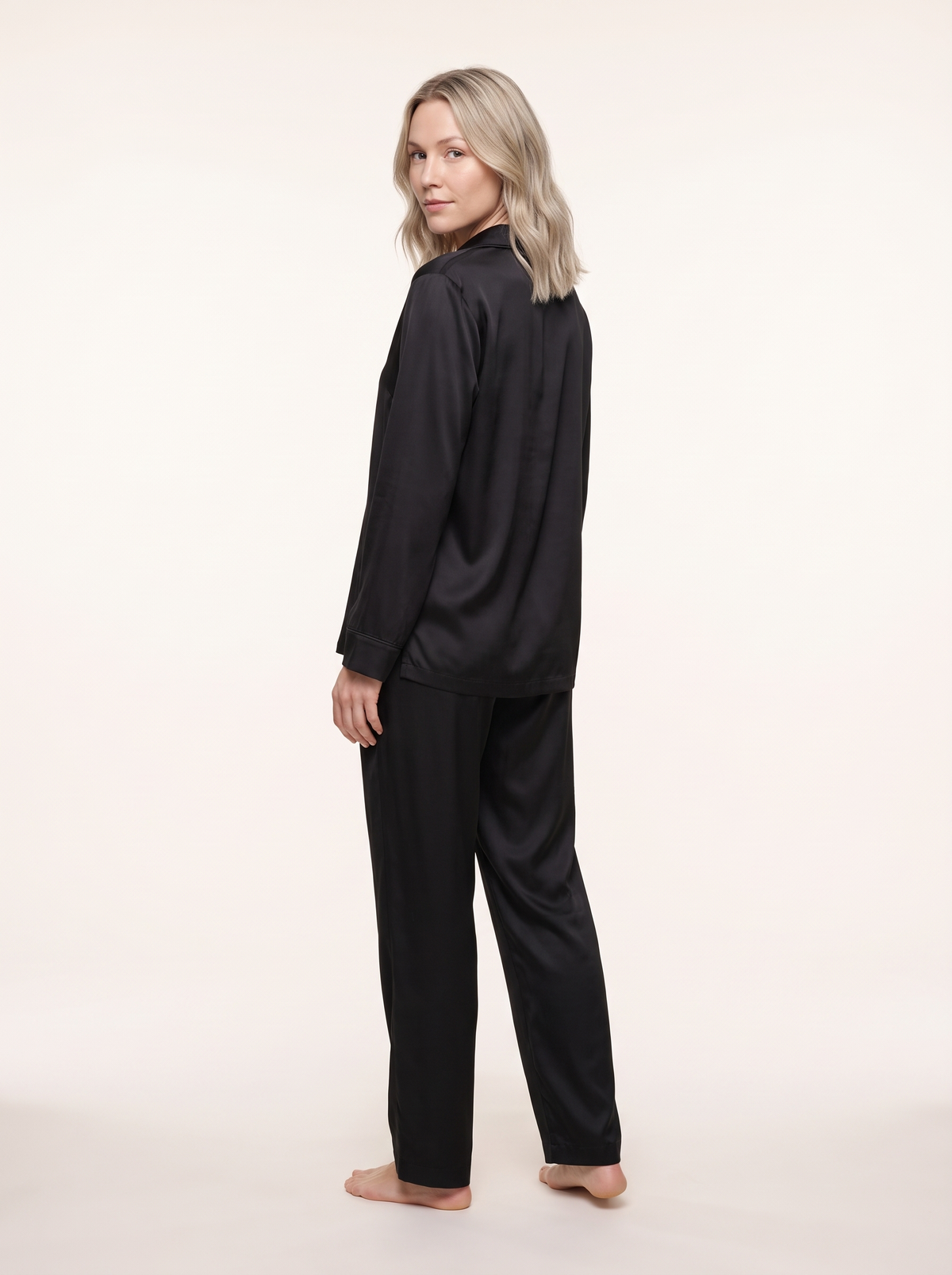 Soflora Long Silk PJ Set in Noir - back view