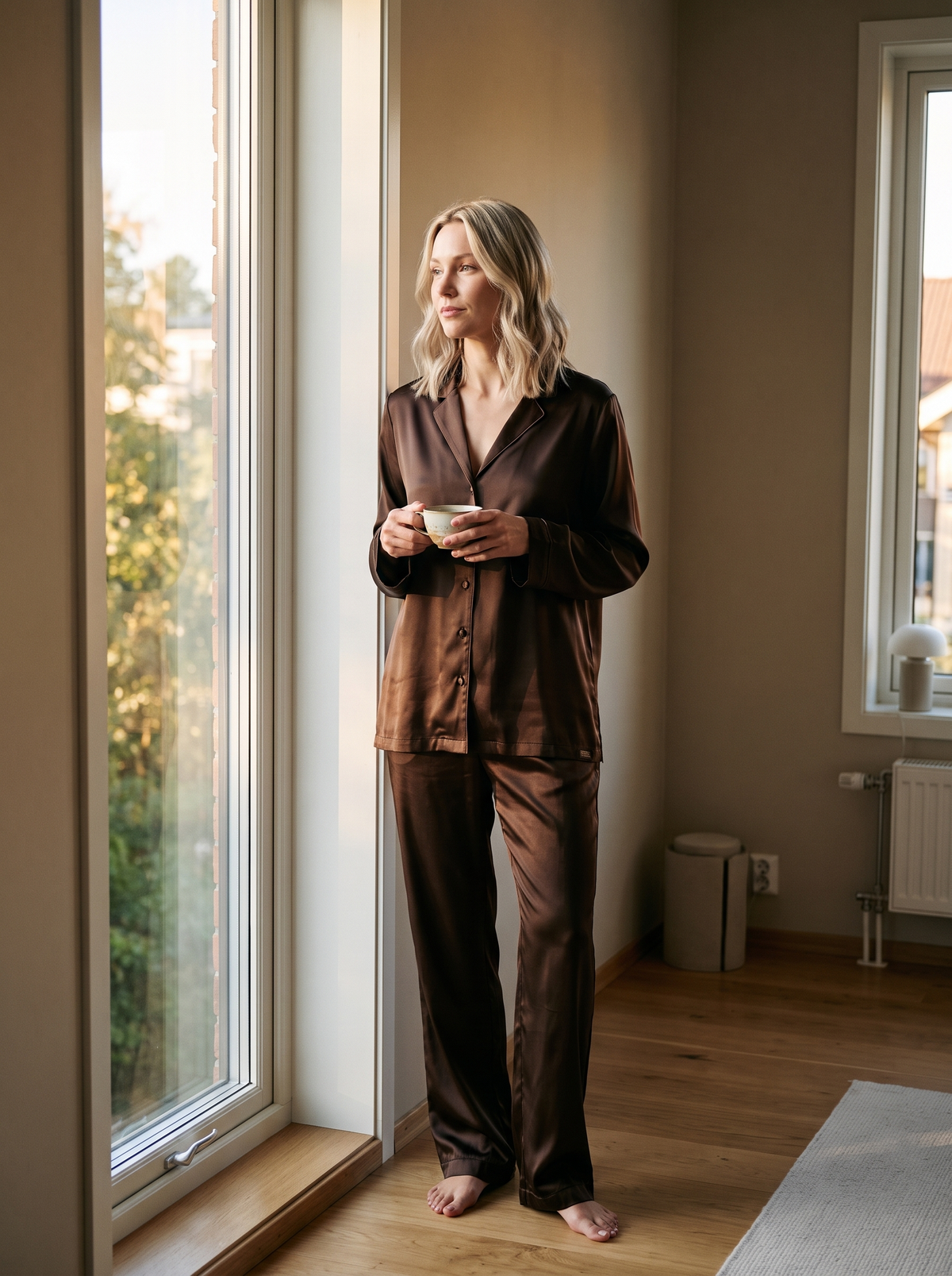 Soflora Long Silk PJ Set in Cacao - lifestyle