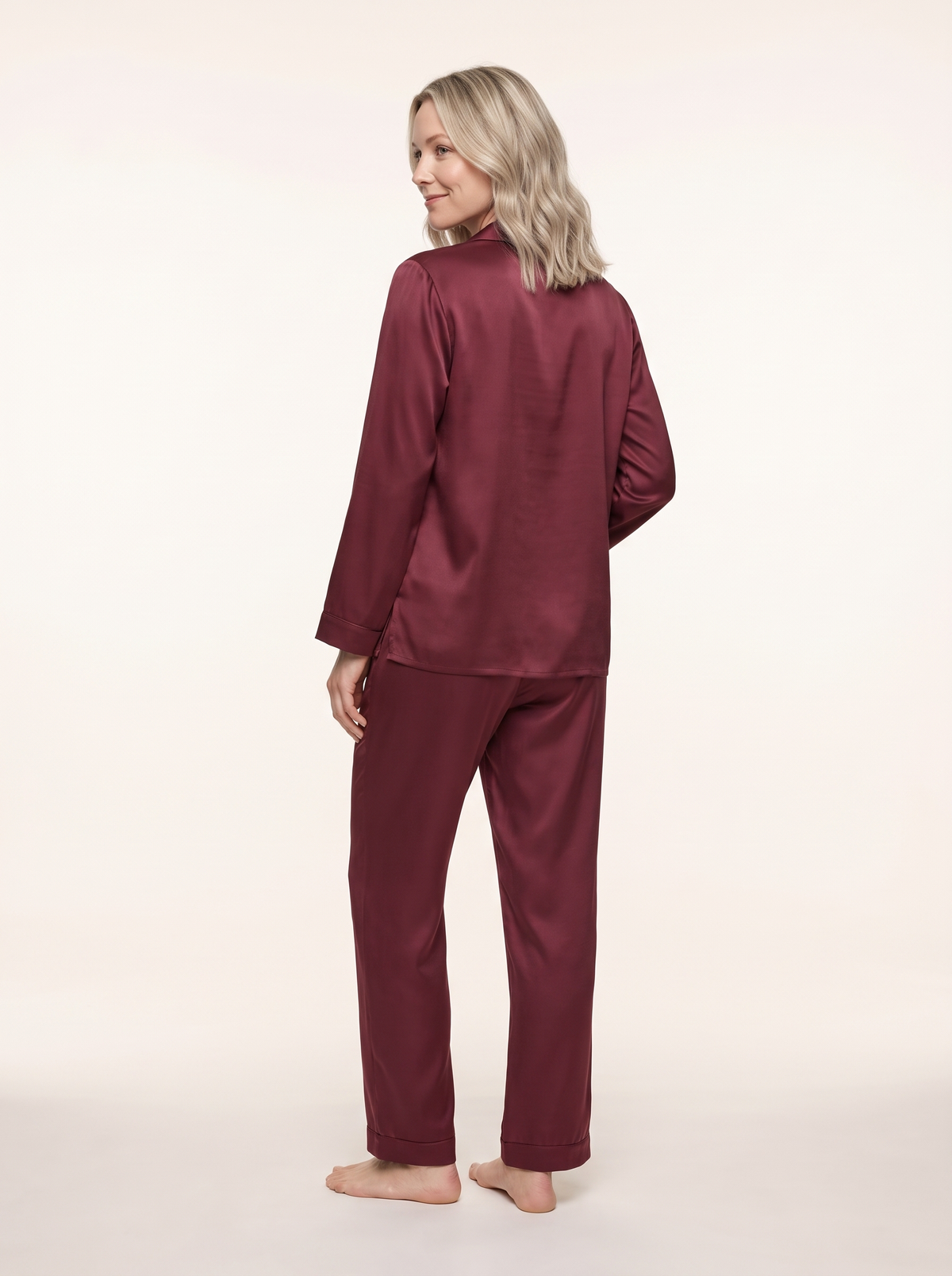 Soflora Long Silk PJ Set in Bordeaux - back view