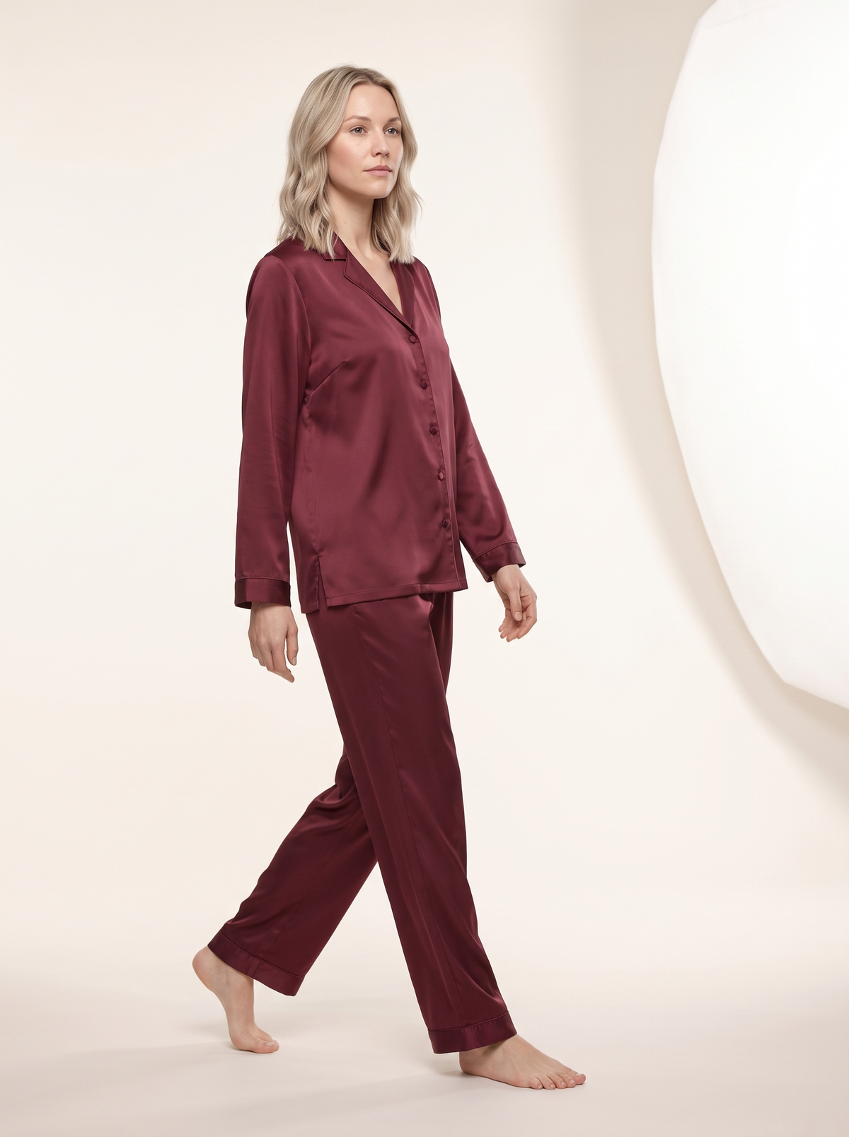 Soflora Long Silk PJ Set in Bordeaux - walking side view