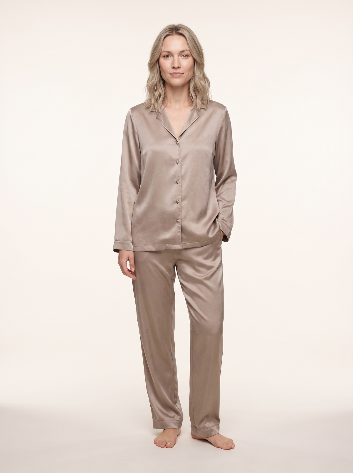 Soflora Long Silk PJ Set in Champagne - front view