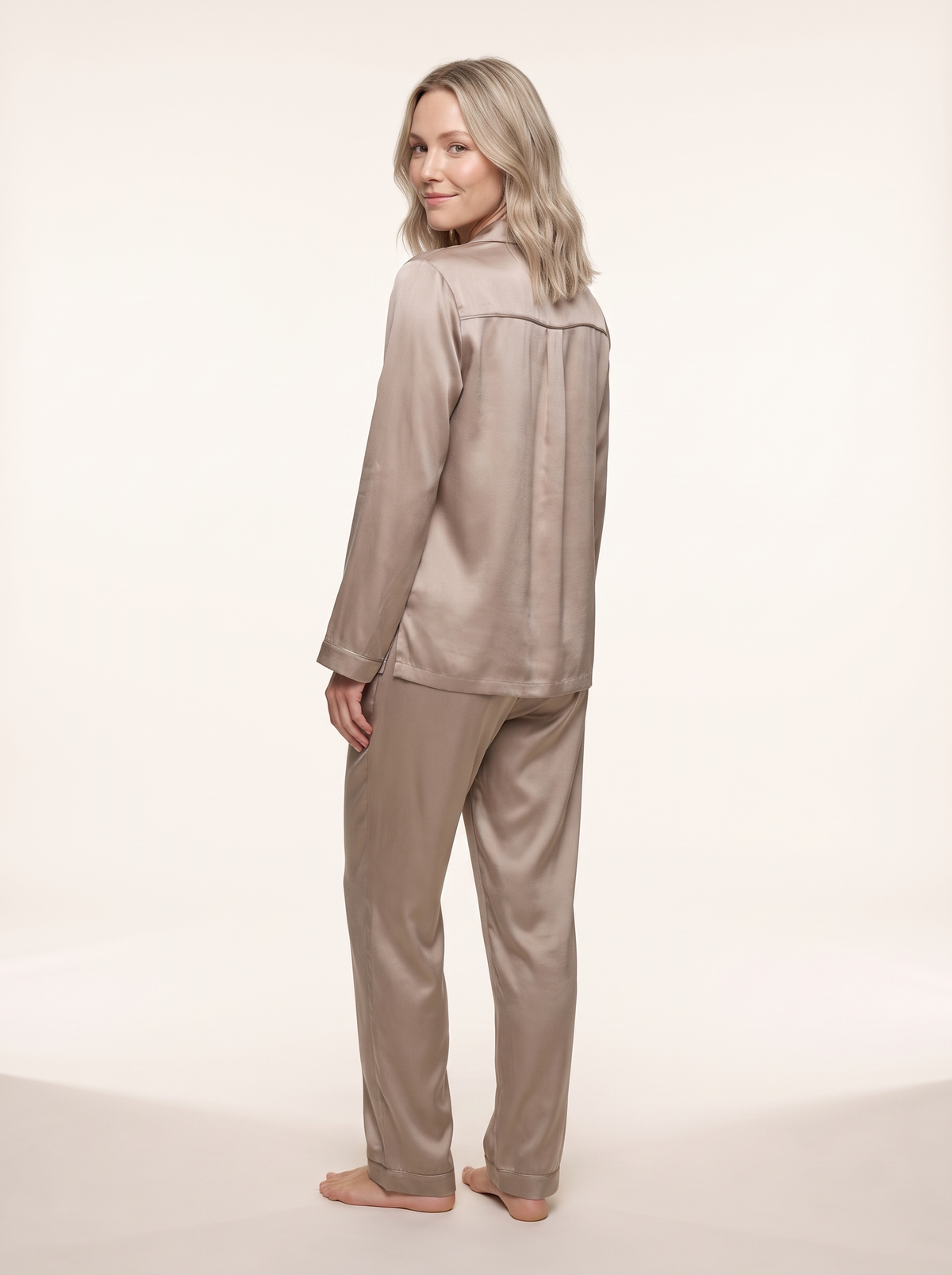 Soflora Long Silk PJ Set in Champagne - back view