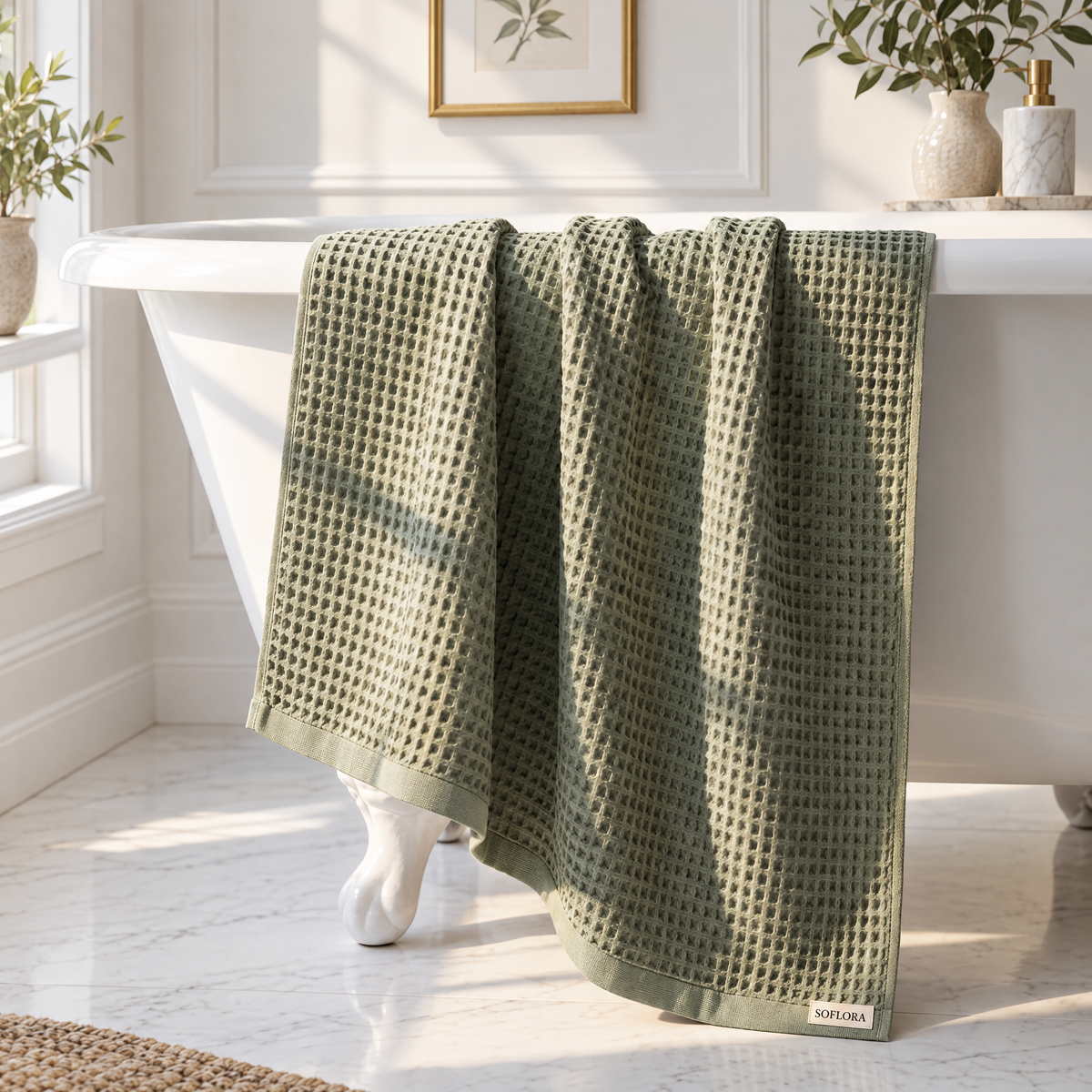 Waffle Bath Sheets - draped over the bathtub
