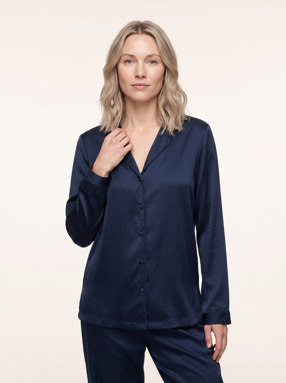 Soflora Long Silk PJ Set in Midnight - close-up