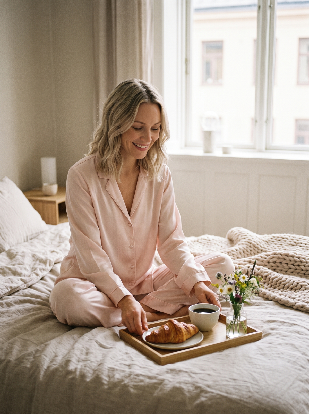 Soflora Long Silk PJ Set in Blush - lifestyle