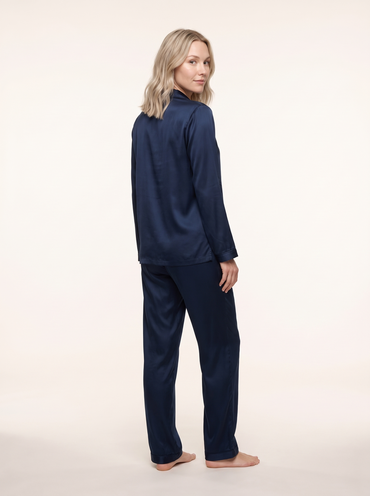 Soflora Long Silk PJ Set in Midnight - back view