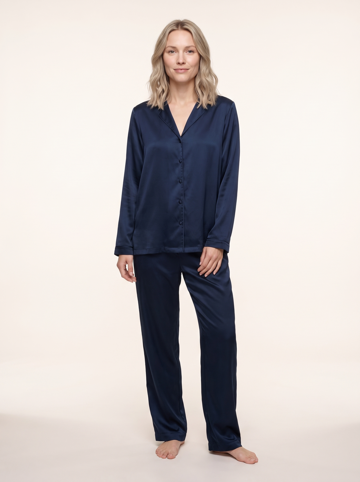 Soflora Long Silk PJ Set in Midnight - front view