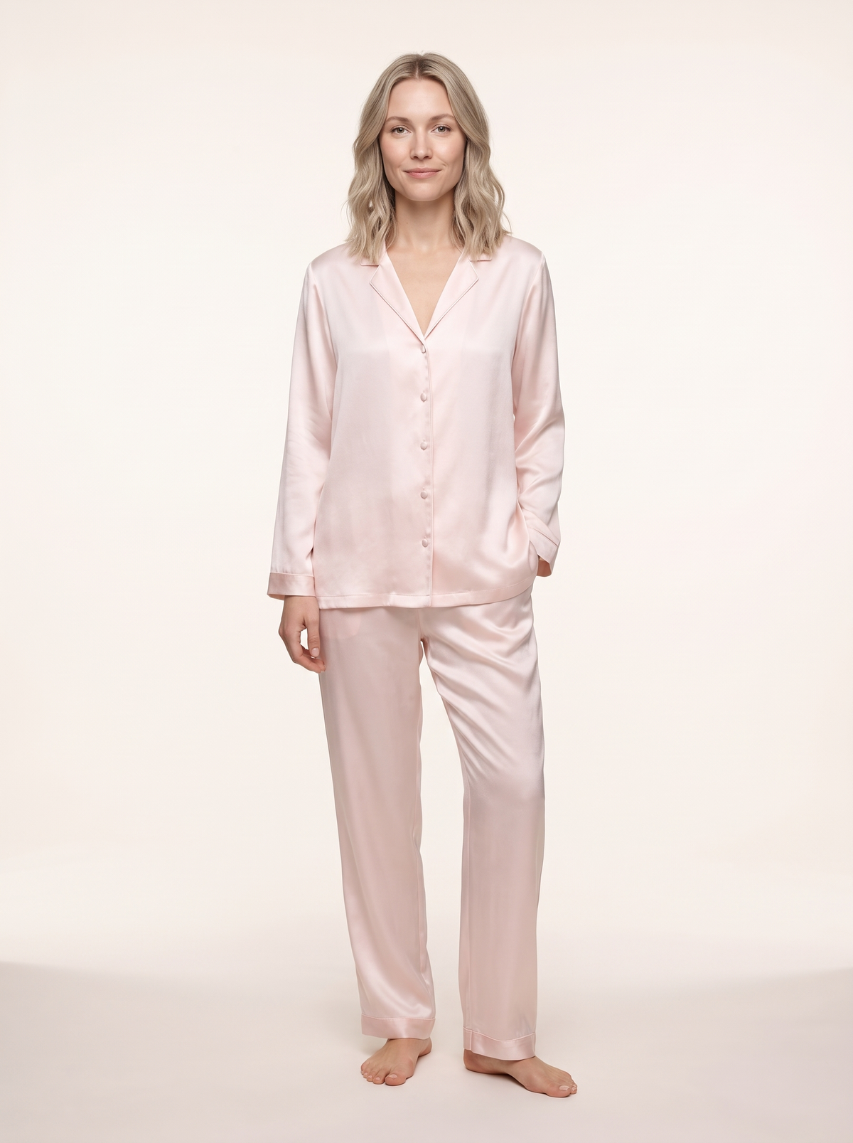 Soflora Long Silk PJ Set in Blush - front view