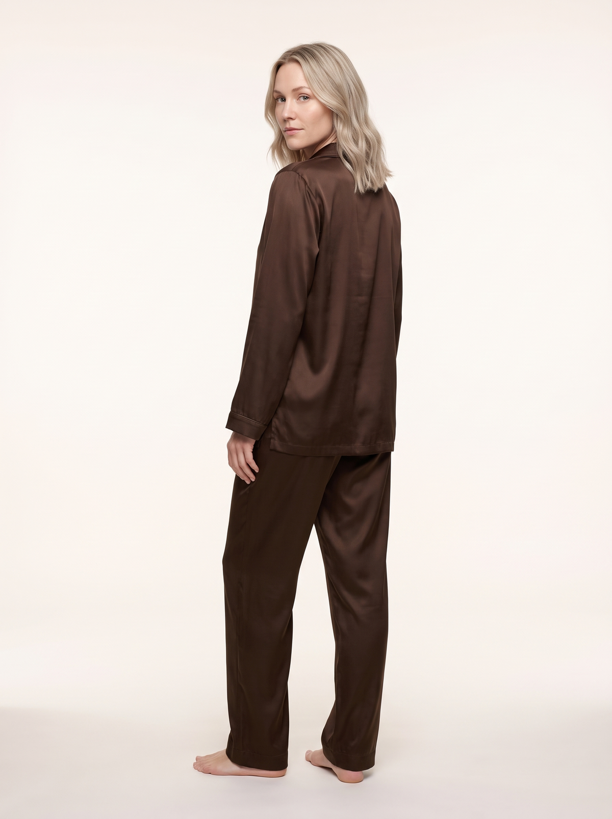 Soflora Long Silk PJ Set in Cacao - back view