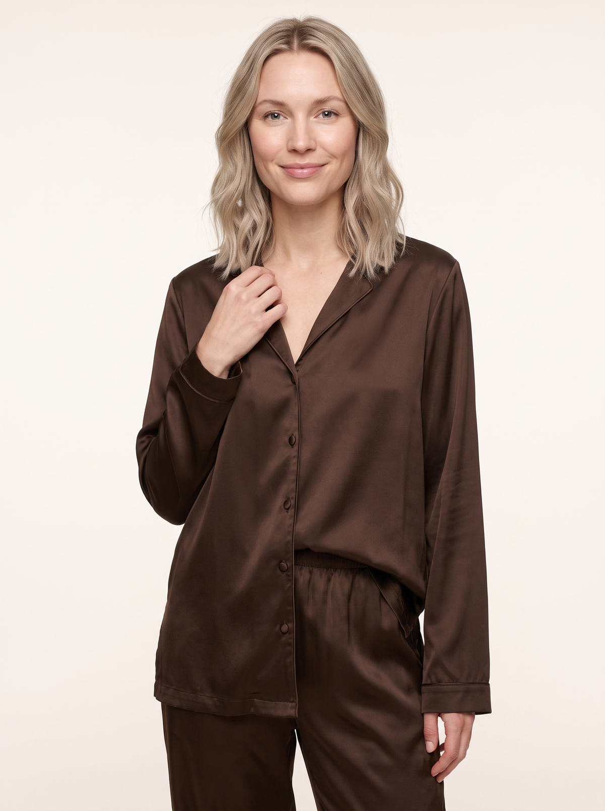 Soflora Long Silk PJ Set in Cacao - close-up