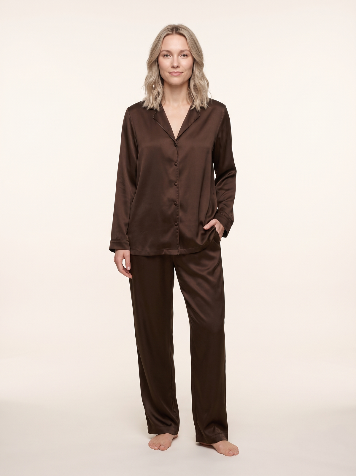 Soflora Long Silk PJ Set in Cacao - front view