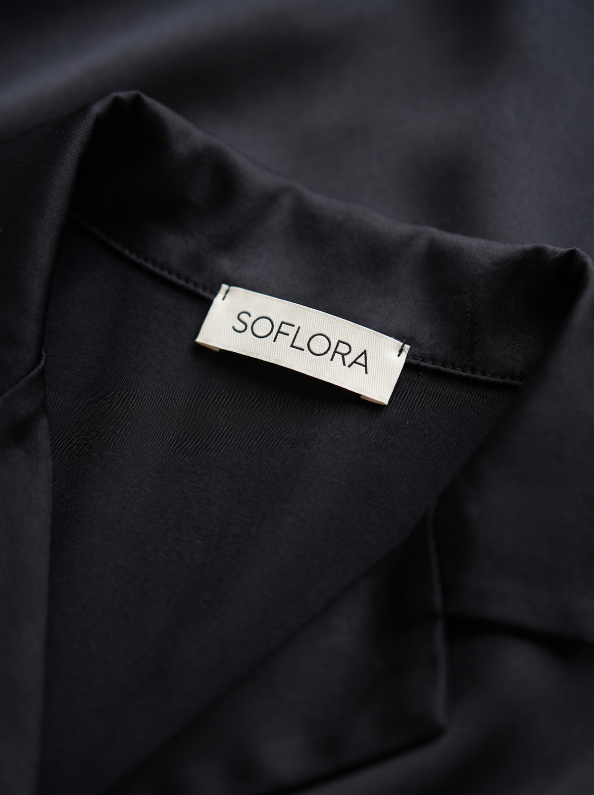Soflora Long Silk PJ Set in Noir - collar label detail