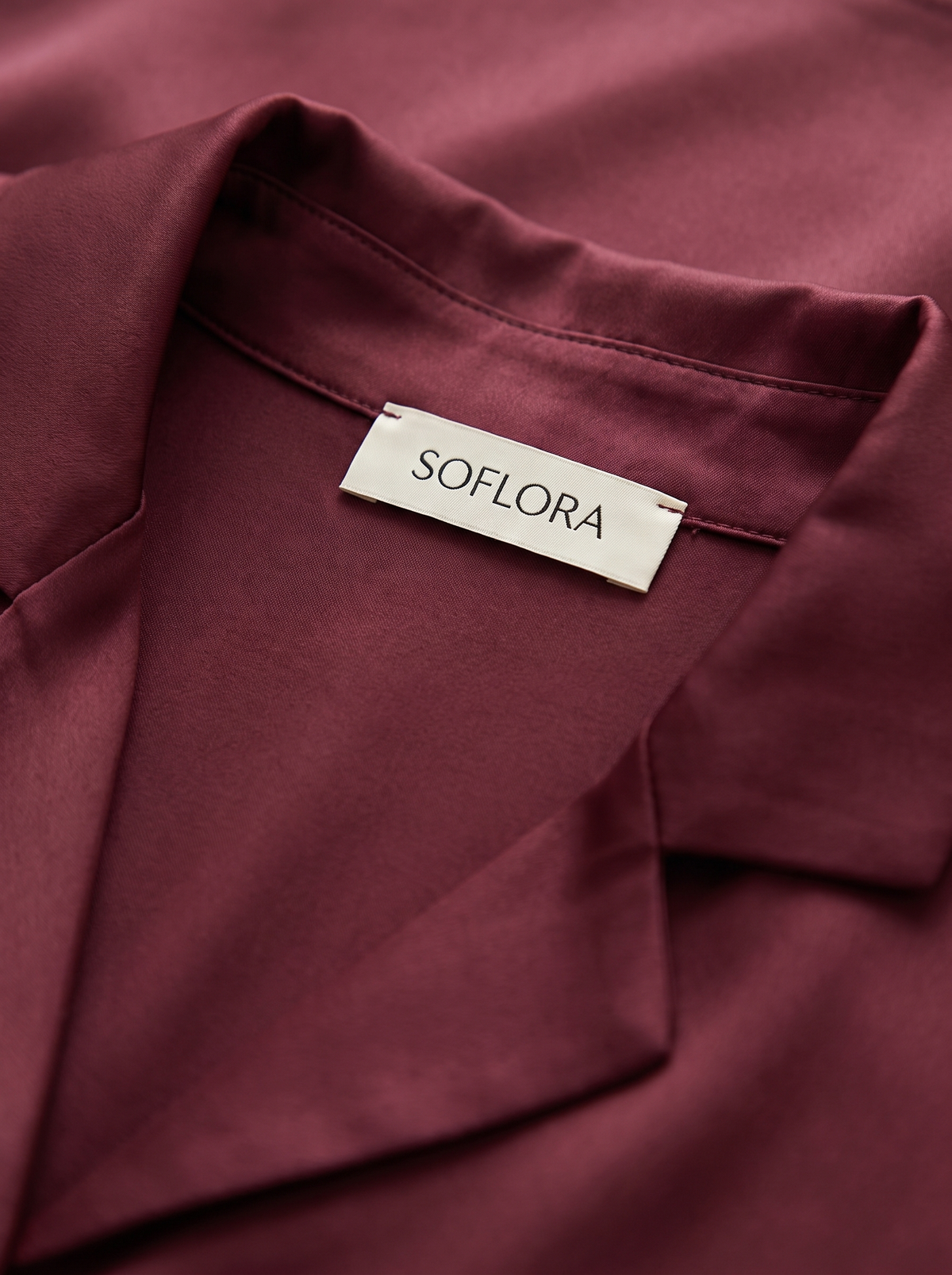 Soflora Long Silk PJ Set in Bordeaux - collar label detail
