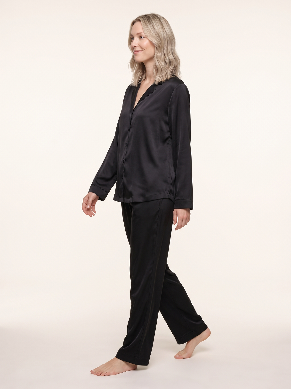 Soflora Long Silk PJ Set in Noir - walking side view