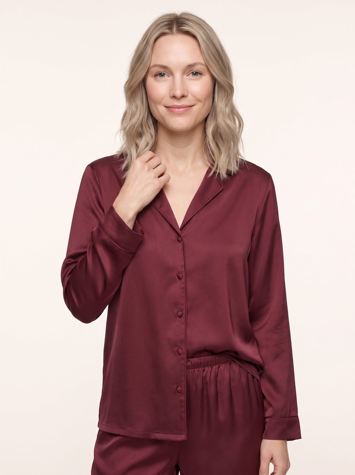 Soflora Long Silk PJ Set in Bordeaux - close-up