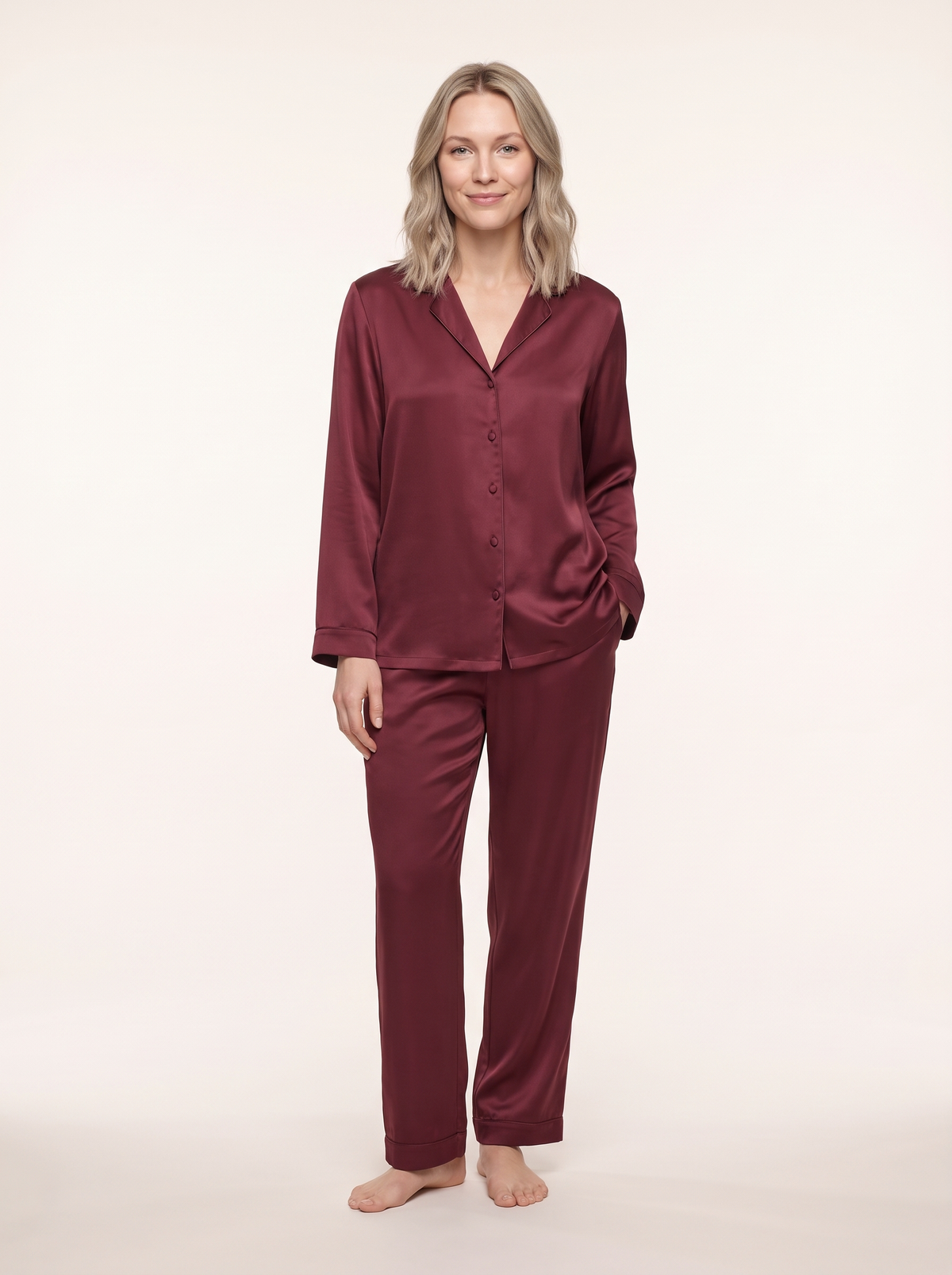 Soflora Long Silk PJ Set in Bordeaux - front view