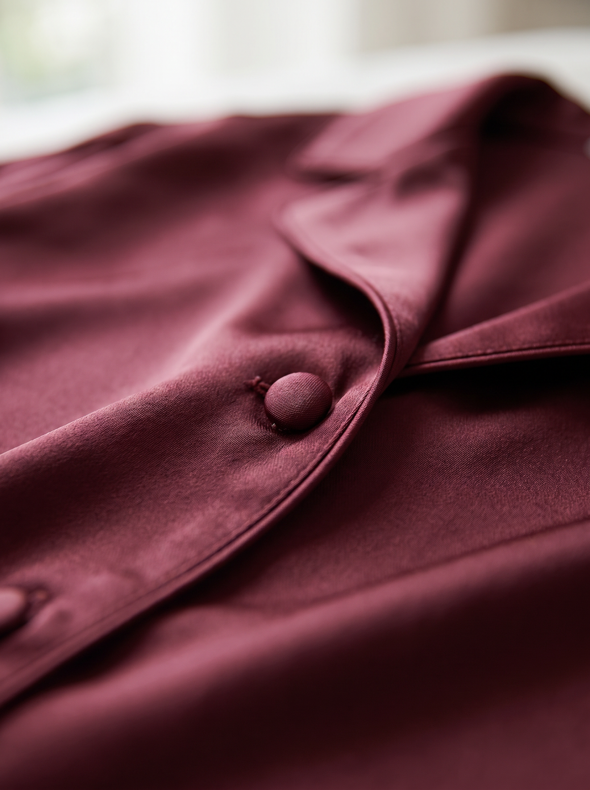 Soflora Long Silk PJ Set in Bordeaux - button and piping detail