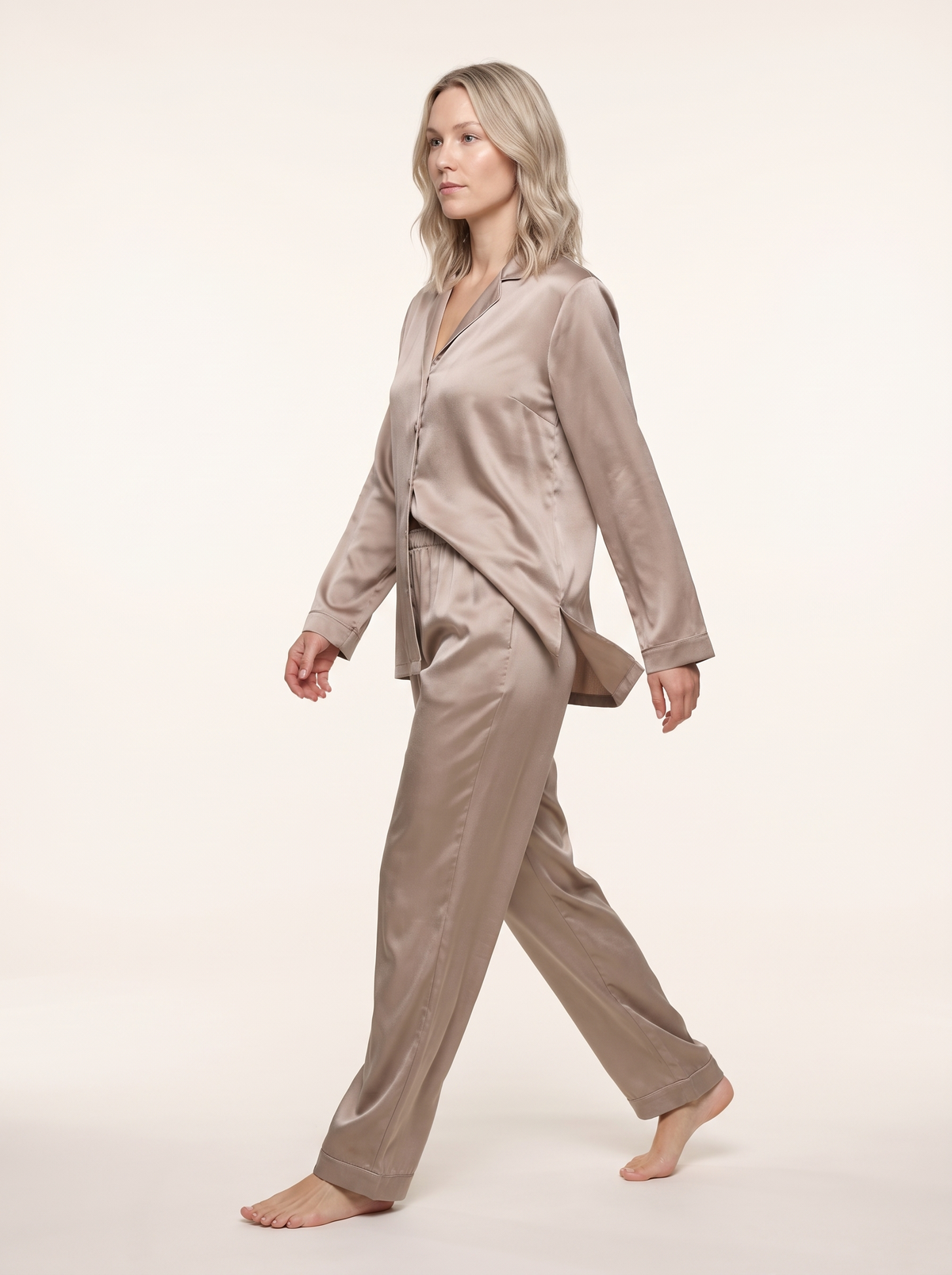 Soflora Long Silk PJ Set in Champagne - walking side view