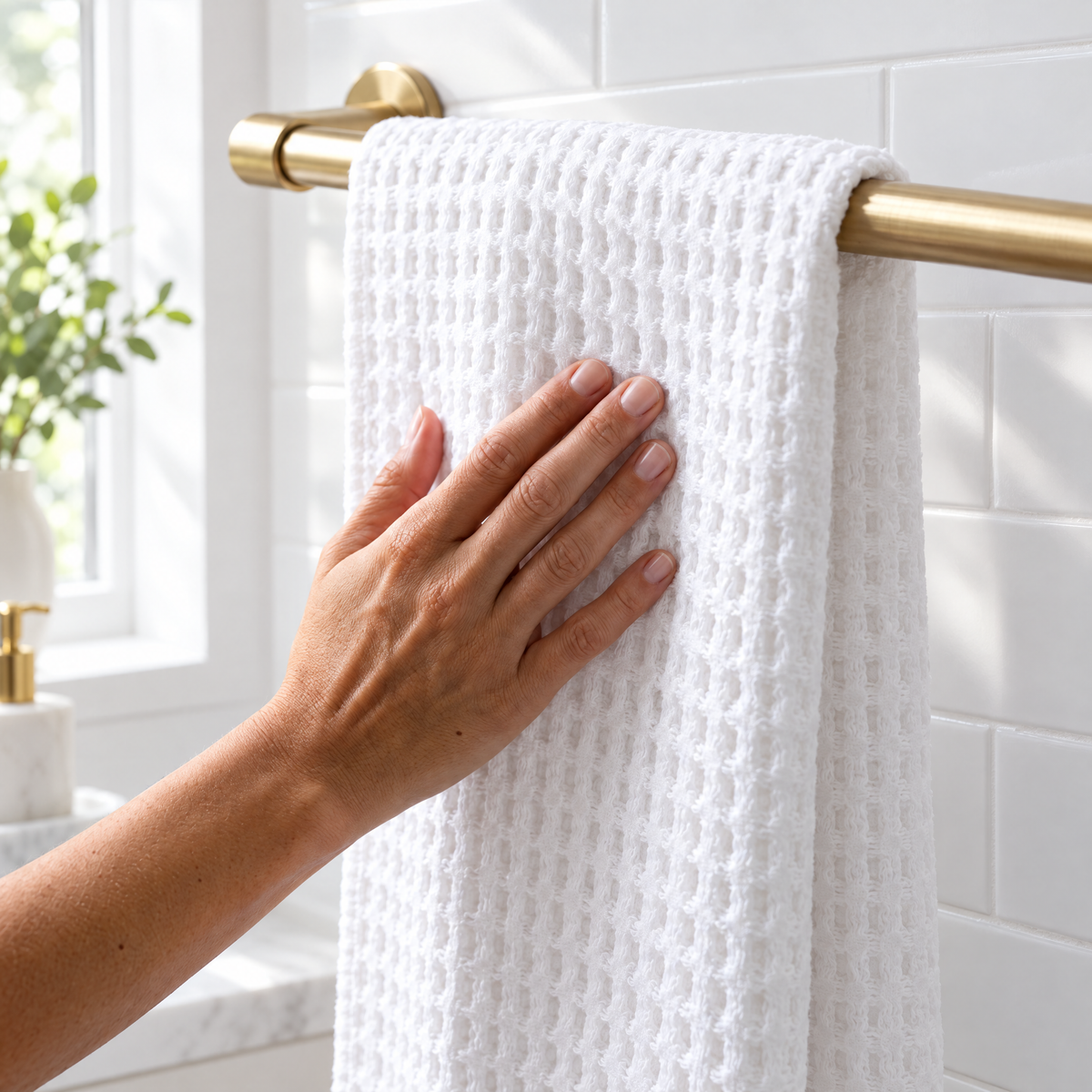 Waffle Hand Towels - on the towel rail